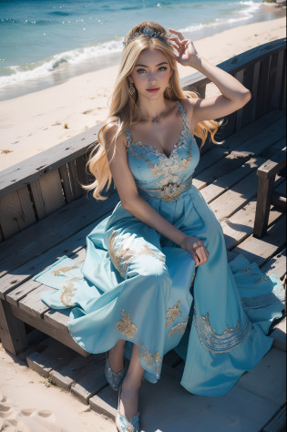 ((top-quality??masterpiece?photographrealistic:1.4?in 8K))?Beautuful Women?18year old?Beautiful expression?a blond?extremely detailed eye and face?beatiful detailed eyes??Luxury dress with glamorous embroidery in Mexican style?Headdress in Mexican style)?Luxury accessories??Noble lady on the sandy beach of the Mexican sea??Glass shoes?Cinematic lighting?Textured skin?Super Detail?high detailing?High quality?hight resolution?Looking at Viewer?Elegant smile?Full body?Mexican?a plant