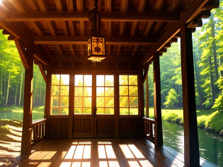 huge wooden log house in Slavic style, well sunlit, porch, carved window platbands, small turrets, terem, Slavic house, wood carvings, by the river against a pine forest background, sunny summer day