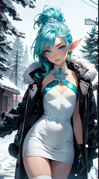 cute loli elf,(((little loli,tiny little body,little))),(((6 years old))),((anime elf loli with extremely cute and beautiful aqua hair)), (((elf,elf ears))),

((lesbian,yuri)),(((flat chest))),((((aqua hair:1.35,undercut aqua hair,colored inner hair,ear breathing)))),((aqua eyes,perfect eyes,upturned eyes:1.3,beautiful detailed eyes,finely detailed beautiful eyes:1,big highlight on eyes:1.2,slanted eyes)),(((dark skin,dark_skin,lustrous skin:1.5,bright skin: 1.5,skin tanned,shiny skin,very shiny skin,shiny body,plastic glitter skin,exaggerated shiny skin,Reflective skin))),(delicate detailed fingers,detailed body,detailed arms,human hands,(detailed face)),

cute,slutty,erotic,daring,(((nsfw))),

zettai ryouiki,revealing clothing,show skin,(((Sexy aqua fur coat, aqua fur coat outfit, wearing a ice dress:1.3,aqua winter coat))), ((ice dress,elegant ice dress)),(white gloves,white clothes,(detailed outfit,detailed clothes),

(dynamic pose:1.0),solo focus,embarrassed,centered,scale to fit dimensions,Rule of thirds,

twilight,holiday Village Background,winter,snowstorm in background,(pine forest),detailed background:1.25,snow covered,lots of snow, snow,snow forest background,(((Glowing Snowflakes,Glittering Details))),Christmas tree,

(best quality),(high resolution),(sharp focus),(ultra detailed),(extremely detailed),(extremely high quality artwork),8k_wallpaper,(extremely detailed CG 8k),(very fine 8K CG),((hyper super ultra detailed perfect piece)),flawless,(((masterpiece))),illustration,vibrant colors,(intricate),High contrast,Selective lighting,Double exposure,HDR (High Dynamic Range),Post-processing,Background blur,