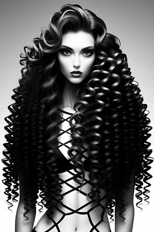 a black and white photo of a thinspo model with long curly hair