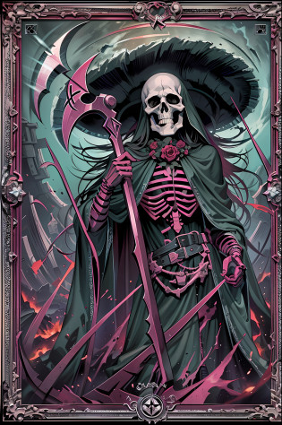 tarot card of death, frame design is gothic with uniform frame width, (the large war death's scythe:1.4), (skeleton hands and legs:1.2), wear a tattered dirty cloth, non-XIII., death core, death ruler's alias, the bringer of death, the reaper of life, light cyan green, holographic and translucent styles, black light Painting, extremely fine detail, epic high quality, insanely beautiful, greatest masterpiece, death atmosphere, red and black and violet,
