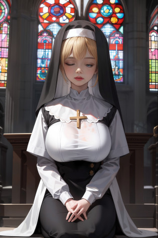 ?best qulity?master-piece?1.4???photorealestic?1.2???photorealestic?1.2???absurdities?1.2??4K?detailded?hyper�detailed?Digital art of?Detailed face?church?inside room?stained glass colored?Mature women?Huge?1.3?Nun dress?Close your eyes?Kneeling ?praying?Cross your hands over your chest,