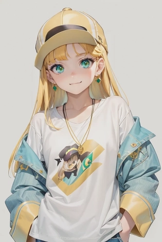 1girl, upper body, (dark simple yellow cap:1. 3), a character portrait, trending on Artstation, digital art, (pokemon trainer outfit:0. 8), render of a (3d:0. 8) (anime:0. 9) girl, Long hair, Straight hair, Sunburst yellow hair, (Swept bangs:1. 3), a beautiful artwork illustration, highly detailed, (cartoon style illustration:0. 8), (v sign:1. 3), 8k, almond green background, dark banana yellow shirt, dark emerald green eyes, simple design clothes, (simple clothes:1. 3), jeans, 20 years old, matured, weight gained, golden earrings, silver simple necklace, embarrassed