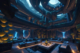 incredible luxurious futuristic interior in Ancient Egyptian style with many lush plants (lotus flowers:1.5, palm trees:2, rocky walls, sand:1.5, waterfalls:1.1), marble, precious minerals: 2, metals, gemstones, crystals, clouds and (water:1.6), ((curvy futuristic furniture)), crocodiles, hieroglyphics:1.5, ultra luxury:2, black marble � with beautiful lights:1.5, Unreal Engine, HQ, 16k