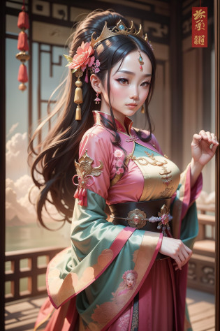 A woman in a pink dress stands in the clouds, Princesa chinesa antiga, China Princess, an ancient Chinese goddess, Chinese fantasy, Palace ? A girl in Hanfu, dreamland of chinese, chinese empress, ancient china art style, Chinese mythology, Wearing ancient Chinese clothes, Chinese style painting, a beautiful fantasy empress, ancient chinese beauti