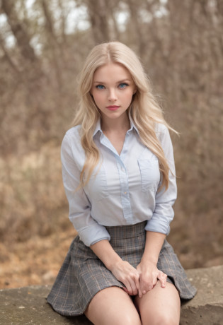 POV, POV view, upskirt my beautiful girlfriend, with blond hair, blue eyes, wearing a shirt and a grey plaid skirt, in front of me, kneeing down, looking up, from above