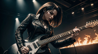 (Masterpiece:1.3, Best quality, Photorealistic, Ultra-detailed, finely detailed, high resolution, 8K wallpaper) Heavy metal, biker chick with chains and spikes, ferocious expression, powerful female rock star, black leather, dressed in black leather jacket and torn jeans, dark eyeliner and black lipstick, heavy music, fierce woman, standing tall, epic guitar solo, guitar on fire, woman solo electric guitar, female guitarist of metal, woman playing the guitar, electric guitar made of metal, flames on stage, female rocker playing a concert,