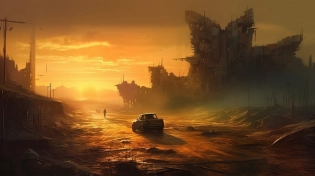 A desolate wasteland in Blade Runner: 2049, where remnants of broken and decaying structures are covered in layers of sand and dust, with a harsh sun casting long shadows, evoking a sense of isolation and abandonment, Artwork, mixed media with a combination of digital painting and real-world textures, --ar 16:9 --v 5