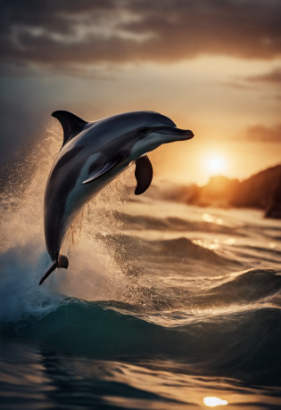 Best Quality, masuter piece, ?A high resolution, (Photorealistic:1.4), Raw photo, Professional Lighting, high-level image quality, high-detail, ?masterpiece?a dolphin?Jumping?Mare?mare?Sunset in the background?rush