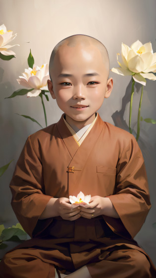 A child of Arafeld dressed in monk costume sits in front of a flower, yanjun cheng, monk clothes, lovely digital painting, a serene smile, Cai Xukun, inspired by Chen Daofu, high quality portrait, Buddhist, dressed in simple robes, wearing brown robes, buddhist monk, portrait of monk, young wan angel, inspired by Li Shixing