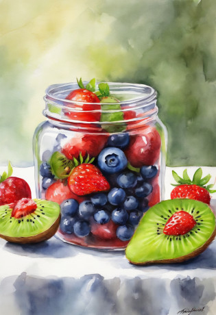 (Masterpiece: 1.2), (Best quality: 1.2), Glass sealed jar, kiwi, Strawberries, Blueberries Fruits, lewd juice, pudding, top of the jar full cream, Magic potions, Colorful,, White background,, Masterpiece, Super detail, (Best quality, high resolution), Ultra HD, 32K, CGSTATION pop, Masterpiece, Best quality