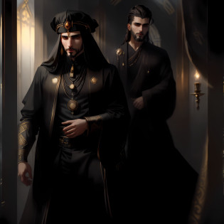 Image of a man in black robe and gold jewelry, handsome Persian prince, young ruler of ancient Persian kingdom, tuomas korpi and wlop, portrait of human emperor, ancient king in black robe, inspired by Osman Hamdi Bey, noble The majestic clothes, Ahmed Karahisari, handsome man, inspired by Altoon Sultan, black and gold color, shadowy, cunning, treacherous, 8k, fine