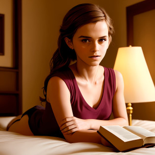 ((Emma Watson,lendo, deitada na cama)), assustada, ((olhando para o livro))