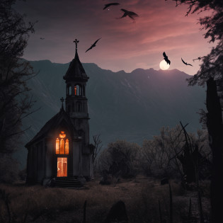 ?Masterpiece, Best quality?8K, ??????Dusk falls?An abandoned church stands between desolate mountains?The church has a minaret on the bell tower?Vampire sits alone under a half-moon shaped skylight?Gaze at the sunset in the distance?Her slender fingers stroked the glass?It was as if touching the passage of time?The interior of the church is filled with a deep purple aura?It seems to tell about the painful existence of vampires?Through stained glass windows?Soft light reflected on her pale face?Sketch a mysterious and beautiful smile?The low chant of the church flutters in the wind?As if it were a consolation and awakening to vampires?The scene was filled with serenity and reverence?Let the audience feel the immortal loneliness and loneliness of vampires?