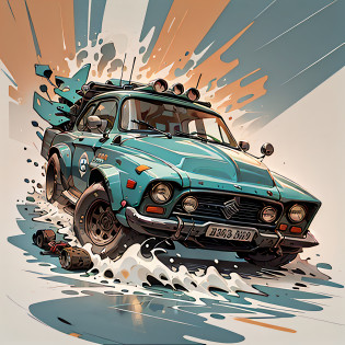 auto Datsun 180-j 1975 color naranja, con tabla de surf en la parte superior, Highly detailed illustration.