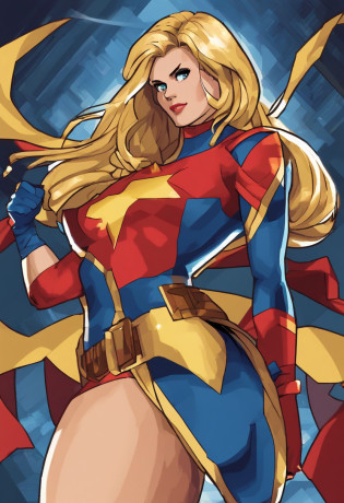 carol danvers, sleeveless turtleneck leotard, wavy hair, very long hair, blonde hair, blue eyes, large breasts, big breasts, huge breasts, detached sleeves, elbow gloves, bikini, bikini armor, microbikini, chainmail bikini, midriff, thong, superhero, marvel, yellow lightning bolt symbol, lightning bolt print, thighhighs, thighs, red sash, sash, red belt, belt, ms. marvel, miss marvel, ms marvel, pixel art,