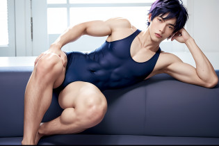 Anime boy in dark blue swimsuit on floor next to sofa, Boy with short purple hair, Boy with Purple Eyes, Ecchi anime style, onepiece swimsuit, Seductive Anime Boy, School swim wear, 8K!!, Smooth Anime CG Art, In a one-piece swimsuit, garments:High-cut swimwear, Anime boys are squatting, Cool anime boy in a navy blue tanksuit, (Anime Boy), made with anime painter studio, School Swimwear, Cute elegant pose, Wearing swimwear, In an anime style, highleg, Bare shoulders, bare legs,