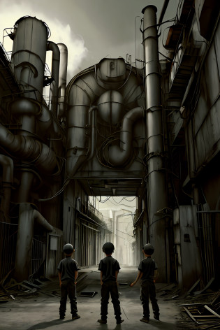 3 young boys playing in front of an abandoned factory, clima sombrio meio obscuro, estilo desenho animado, factory in dark details, factory centered in the photo, Young boys pointing to the factory, centralized factory entrance, alta resolu��o, Foto realism, strokes, observation drawing, childish traits, suspense.