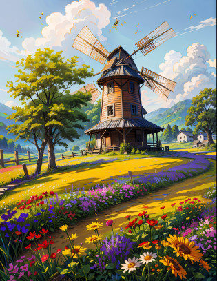 painting of a beautiful farm,with lots of flowers,lush greenery,many ((bee hives)) in the flower garden, ((small bees )) flying around, windmill,sunkissed image,flowers, beautiful art uhd 4 k, a beautiful artwork illustration, beautiful digital painting, highly detailed digital painting, beautiful digital artwork, a bustling magical town,farmer village, countryside Mediterranean village, detailed painting 4 k, ,windmill, village, very detailed digital painting, rich picturesque colors, gorgeous digital painting