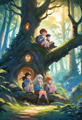 Draw a captivating scene that shows the four children, Clara, JOHN, Sofia e Pedro, sitting in a circle in the forest, spreading a magical map in front of you. They are enthusiastically discussing the rumors about the treasure hidden in the Enchanted Forest. Na imagem, Be sure to highlight the excitement and determination on their faces as they plan their journey. You might be able to include map elements that point the way forward.

This will help illustrate the chapter in which the children decide to embark on the exciting quest for the magical treasure, taking readers to the next phase of their adventure in the Enchanted Forest.