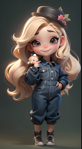 Create a series of cute baby chibi style loli dolls with a cute forest theme, sorridente e fofa, each with lots of detail and in an 8K resolution. All dolls should follow the same solid background pattern and be complete in the image, mostrando o (corpo inteiro, incluindo as pernas: 1.5)

Boneca fada: Chame-a de Bella. Ela deve ter cabelo longo e cacheado em tons castanho e preto. Seus olhos devem ser grandes e brilhantes, with long eyelashes and rosy cheeks. Bella should be dressed in a country-style jumpsuit, delicado, florido e detalhado. She should wear a hat and no accessories on her hands, deixando elas sem nada. Don't forget the details, com detalhes coloridos e enfeites encantadores, sapato bonito

Certifique-se de adicionar sombras, texturas e detalhes nos cabelos, roupas de cada boneca, to make them even more adorable and charming.