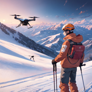 tmasterpiece?best qualtiy?cinematic Film still from?A man at the Snow Mountain Ski Resort wears professional ski equipment?The standing back is in the middle of the frame?The proportion is relatively small?The man holds a remote-controlled aircraft remote control?On top of a snowy mountain, A small remote-controlled quadcopter flying in the sky?The drone is in a prominent place in the picture, In the distance is the tourist area of the snowy mountain ski resort?The ski runs have ropeways up the mountain?Bright?cheerfulness?Warm and soft lighting?the sunset??spark of light?0.7?