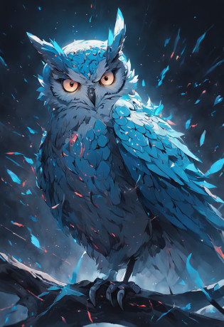 um close up de uma coruja com olhos azuis em um fundo preto, Coruja Radiante, criatura altamente detalhada, intrincado, coruja incandescente, the wisest of all owls, Grande arte digital com detalhes, coruja fofa com olhos grandes