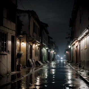 (Armageddon)?Dark?Dilapidated city?Plants climbing all over the walls ?Night?a heavy rain?Black rain??Heavy fog?dense fog??Dilapidated streets?Dimly lit alleyway??A dimly-lit??relic?(Dilapidated buildings)?(Uninhabited city)