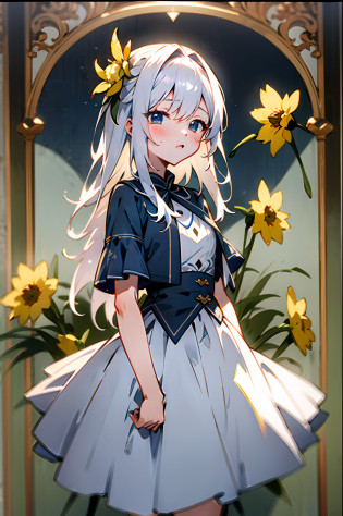 anime white hair shoujo royal sister upper body masterpiece indifference dress daffodil