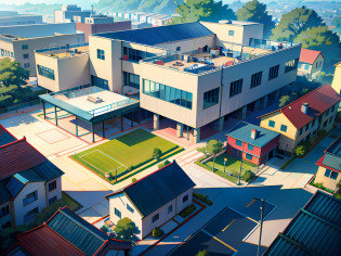 Aerial view of the school building with a football field in the middle, full building, private school, top - view, Japan High School, old school, photo taken from above, school courtyard, schools, American schools, aerial view from above, viewed from bird's-eye, school, ariel view, view from high, [ down view ]!!, aerial shot