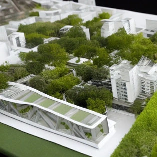 Urban oasis with vegetation and urban context in white type of architecture model