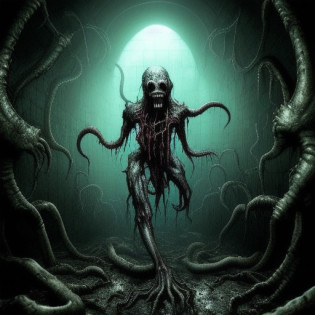 Action shot of terrifying beast eldritch with wet black skin chasing after the viewer in a decrepit underground tunnel in Hell - in the style of Joshua Hoffine and artgerm, creepy, unnerving, unsettling, terrifying, 80mm, horror lighting, dynamic action,