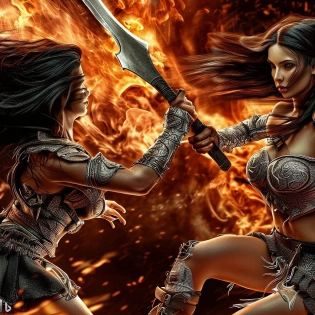2 warrior princesses fight, Dynamic pose; Artgerm, Wlop, Greg Rutkowski; the perfect mix of Emily Ratajkowski, Kate Beckinsale, Kelly Brook and Adriana Lima as warrior princess; high detailed tanned skin; beautiful long hair, intricately detailed eyes; druidic leather vest; wielding an Axe; Attractive; Flames in background; Lumen Global Illumination, Lord of the Rings, Game of Thrones, Hyper-Realistic, Hyper-Detailed, 8k, --no watermarks --no cape --testp --ar 9