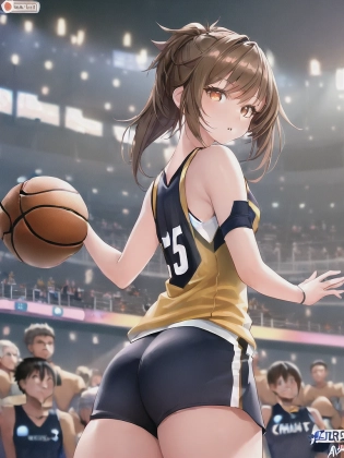 1girl, tapered hair, shaved side, light brown hair, best girl hair, basketball stadium, basketball court, audience, watching, women's nba, competitive, middle of a basketball game, team uniform, logo, number, depth of field, best quality, aesthetic, detailed, best quality, anime screencap, volumetric lighting, created by Artgerm, facing camera, photography, masterpiece, clean face, realistic, beautiful, anime, anime faces, view from above