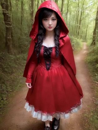 (little red riding hood), walking through the forest, beautiful detailed eyes, (eyelashes:1. 1), ((8k, RAW photo, highest quality, masterpiece), High detail RAW color photo professional close-up photo, (realistic, photo realism:1. 4), (highest quality), (best shadow), (best illustration), ultra high resolution, highly detailed CG unified 8K wallpapers, physics-based rendering, cinematic lighting)