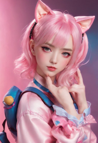 Y2K style full-body photo?Headphones with cat ears?Wear candy-colored clothing?Close-up of a 17 year old girl with pink gradient hair, kawaii decora rainbowcore, decora inspired, and Y2K cute clown core, Beautiful and detailed Delphine, full armour?Wear matching clothing, anime vtuber full body model, complete body image, fully body photo, dollpunk, Live2D virtual Youku main model, candy girl, fully body photo. (Best quality,4K,8K,A high resolution,Masterpiece:1.2), Ultra-detailed, (Realistic, Photorealistic, photo-realistic:1.37), hdr, hyper HD, fully body photo?Studio lighting, Ultra-fine painting, Sharp focus, Physically-based rendering, Extreme detail description, professional, Vivid colors, Bokeh. sportrait, Creative photography, Vibrant colors, soft aesthetic, Fantastical Atmosphere, and soft lighting.fully body photo