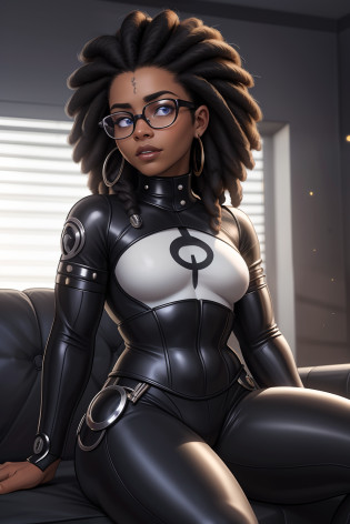 Mulher negra Moreno, de cabelo afro cabelo caindo para frente, Rasta type but braided with glasses sitting on a couch with a furry , aluna hiperrealista, com rabo-de-porco preto, character is in her natural pose, imagem ultra realista, Commission for High Res, nerdy black girl super hero, With eye Glasses, uma aluna hiperrealista, thick glasses, Estilo de arte fotorrealista, photorealistic illustration, Estilo de arte realista, Realistic student cosmic fallen angel, olhos claros brilhantes, Biomechanicals, estranho, assustador, pesadelo, cores muito brilhantes, light particles, com luz brilhante, Mshiff, Arte do papel de parede, papel de parede uhd, Anakil Skywalker, 15 anos, roupas medievais