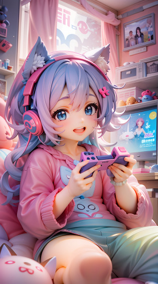 1girl, beautiful eye, smile, gaming girl, cheerful expression, fluffy pink hair, long and wavy, twinkling blue eyes, pink pajamas, cute cat ear headphones in pastel colors, cross-legged pose, playing a handheld game console, a soft and fluffy room background, plush toys scattered around, pastel-colored pillows, warm glow from a nearby desk lamp, fuzzy carpet under her, game console screen glowing with vibrant colors, fluffy slippers peeking out from under her pajamas, soft shadows adding depth to her surroundings, light from the game console illuminating her face, focus and enjoyment evident in her eyes, fingers deftly moving over the game controls, soft blush on her cheeks, strands of hair falling over her face, a happy grin lighting up her face, headphones adorned with cute cat-themed details, ear tufts and pink accents, her posture relaxed and comfortable, colorful game posters adorning the walls, game-themed trinkets and figurines on shelves in the background, a comfortable gaming chair behind her, hint of a giggle escaping from her lips, relaxed and cozy atmosphere, gentle, playful and carefree, pillows and plush toys mirroring her love for games, fluffy and soft textures contrasting with the sharp glow of the game screen, overall scene full of cuteness and fun,