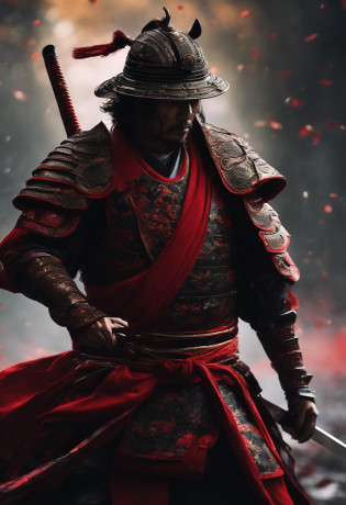 samurai com roupa escura, componentes de robo, com uma espada brilhando vermelho, de frente, fundo escuro, realista,