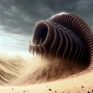 photo of a realistic Dune movie shai-hulud sand worm with teeth, dramatic light, cinematic lighting, trending on art station, 4k, hyper realistic, unreal engine 5, cinematic, masterpiece