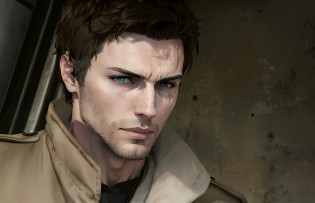There's a man in a trench coat looking at something.., Supermodelo em Silent Hill, personagem masculino, Aiden Pearce, macho com halo, realistic face moody lighting, Retrato de Jensen Ackles, fazendo o olhar batman, bonito rosto detalhado, rosto perfeito realista, Jogo de Silent Hill, Pok�mon-style anime