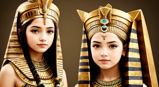 GIRL CHILD BLONDE WITH LONG HAIR, A PORTRAIT, of a bust of a mENINA BLONDE CHILD IN BRAIDS wearing a hat, wearing an Egyptian crown, Nefertiti, ancient egyptian, egyptian, egyptian makeup, precise for egyptian tradition, egyptian art, egyptian makeup, beautiful and huge head ornaments, ancient egyptian art, ancient egyptian art, ancient egypt, beautiful cleopatra,  Egyptian princess, ancient Libu princess