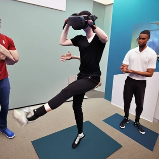 Set up an interactive game area at the exhibition where visitors can experience the training process of foreign sports athletes through virtual reality. In the game, visitors can simulate the training movements of foreign sports athletes, such as long jump, boxing, athletics, and more, and experience the process of the sport through devices such as motion controllers, VR headsets, gloves, etc. The game's results will display the visitor's performance, allowing them to experience the training process of foreign sports athletes and increase the interactivity and participation of the exhibition. super quality --ar 4:3