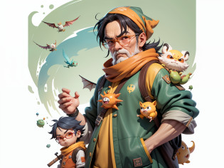 Aalfed man in headscarf and dragon shirt, Pengyin Yin J - Jiang Geping, Zeng Fanqian, Chen Xintong, Huang Huifeng, Liang Xing, Huang Guangjian, Leng Jun, Lin Xiang, Lin Qifeng, Luo Qisheng, Pan Chengwei, Wang Wei, Duan Xiang, Digital Painting, Mark Clairenden and Pixar and Hayao Miyazaki and Akira Toriyama 3D character design, the illustration is a 4K resolution HD illustration with very detailed facial features and cartoon style visuals.