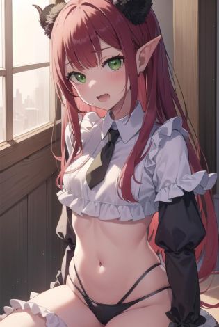 marinkitagawa, <lora:marinkitagawatest:1>, marin kitagawa, cosplay, demon girl, demon horns, demon tail, fake horns, fake tail, fangs, (green eyes:1.5), horns, pointy ears, red hair, two side up,
BREAK frills, midriff, navel, panties, puffy sleeves, socks, stomach, tail, teeth, underwear,
BREAK indoors, classroom,
BREAK looking at viewer, BREAK <lora:GoodHands-vanilla:1>, (masterpiece:1.2), best quality, high resolution, unity 8k wallpaper, (illustration:0.8), (beautiful detailed eyes:1.6), extremely detailed face, perfect lighting, extremely detailed CG, (perfect hands, perfect anatomy),