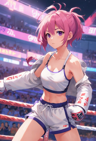an athletic girl, flat chest, pink hair, short messy hair, purple eyes, wearing a white MMA outfit and an off-shoulder jacket, shoulders exposed, punk, tough and aggressive, boxing wraps around hands