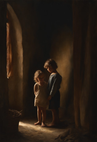 (Best Quality,hight resolution,Masterpiece:1.2),Detailed description of the scene, depicted in the picture,Poverty and love are forever caught in the web,Emotional depiction of a girl and a boy,soft-lighting,Rich color palette,Detailed brush strokes,fine texture,Deep storytelling,Symbolic elements,Harmony and unity in composition,Depth & Perspective,Intricate details and patterns,a sense of honesty and vulnerability,Authentic emotions,expressive facial expressions and body language,Realistic depiction of poverty,Struggle and resilience,Romantic atmosphere,Subtle hints of hope and longing,Works of art in mixed media,Using oil painting techniques,Grainy and textured background,Impressionistic style,subtle play of light and shadow,Contrast between light and dark elements,rich and deep colors,Dramatic storytelling,Conveying the rough and harsh realities of life,Emotional connection and empathy,A memorable depiction of human relationships,Deep Focus,Realistic visualization of the eyes of a girl and a boy,Natural & Organic Forms,Capturing the essence of human emotions,Fine details and delicate facial features,Attention to the folds of clothes and disheveled hair,An Authentic Understanding of Poverty,Struggle and patience,significant presence of texture and manner of writing,Muted and earthy color palette,Subdued and gloomy lighting,Dramatic and emotional atmosphere.