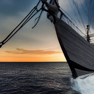 Photo of ultra-realistic sailboat, dramatic light, sunrise, cinematographic lighting, roughed up, aerial shot, low angle, with the person on the bow, looking towards the sunrise, raising his hand towards the sunrise, semi-dark background, starry part la night, trending on artstation, 4k, hyper-realistic, zoomed, extreme details, unreal engine 5, cinematic, masterpiece,