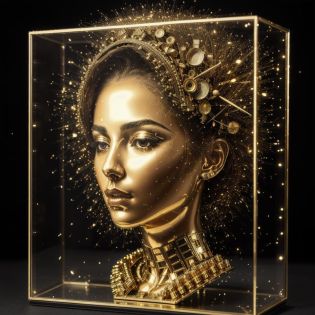 intricate painting of an exploding bust of a woman's head made of circuit boards, behance contest winner, vanitas, angular, clockpunk inside a glass display case knollingcase, by Gold_Glitter  <lora:Gold_Glitter:0.7>