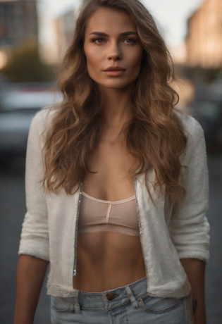 Gorgeous woman with long wavy blonde hair, detailed alluring eyes, longues jambes sexy, porter des shorts minuscules, T-shirt crop top rouge, in the parking lot of a shopping mall, ((Detailed facial features)), (finely detailed skin), pale skinned, realistic skin texture, extreme skin details, (Pores:0.1), in the background beautiful futuristic cyberpunk city, best quality masterpiece, photoreallistic, Hyperrealistic, Detailed, 8k, Hdr, (Couleur douce: 1.2), faible profondeur de champ, broad light, high contrast, contre-jour, fleurir, light sparkles, aberration chromatique, mise au point nette, Photo couleur RAW, without background blur